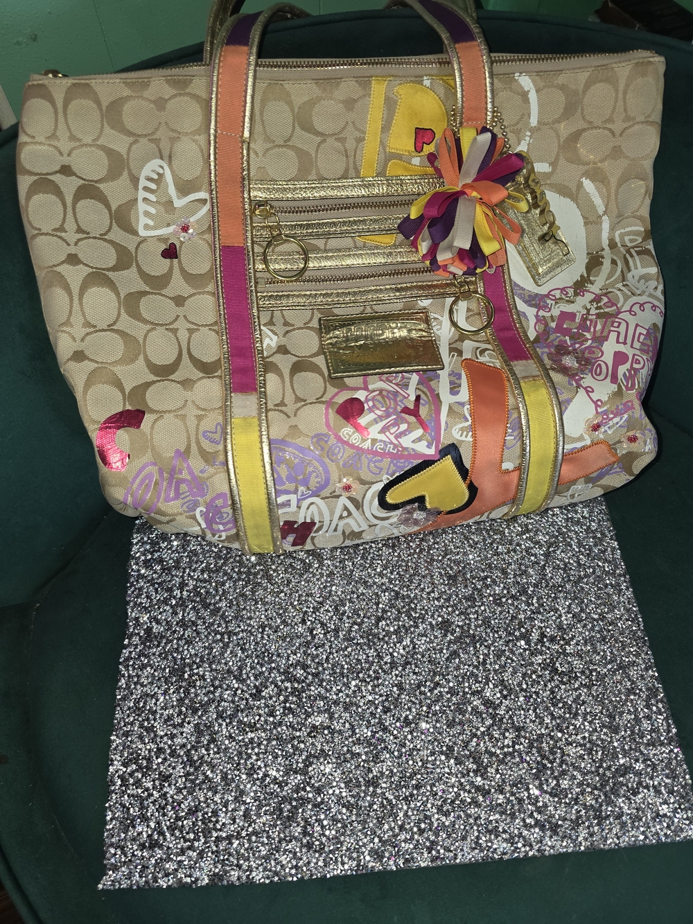 Coach Beige Signature Tote with Multicolor Trim and Pom Charm